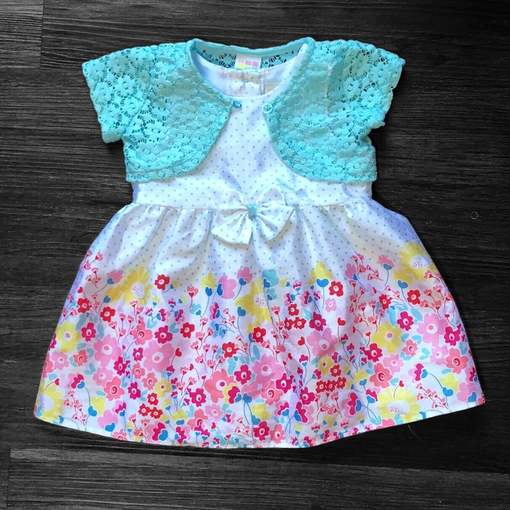 Healthtex Floral Dress w/ Polka Dots & Blue Cardigan, baby girl size 3-6 months